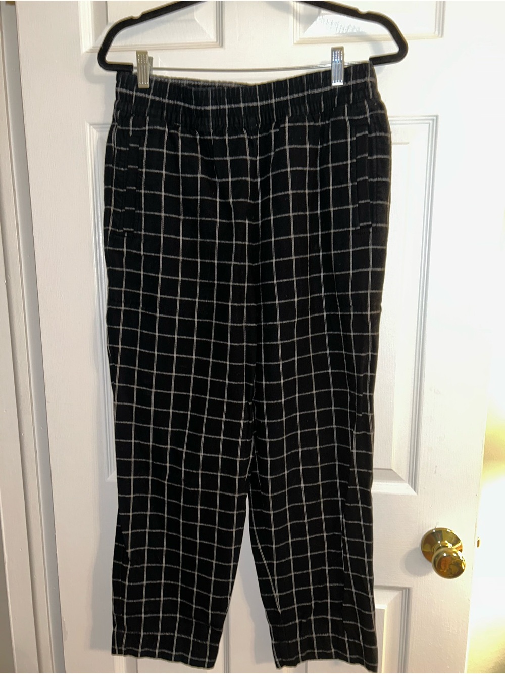 Madewell Black Windowpane Elastic-Waist Wide Leg Pants